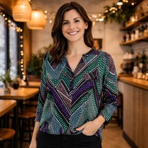 Calvin Klein Geometric Patchwork Print Blouse Green Purple Black Graphic Stripe